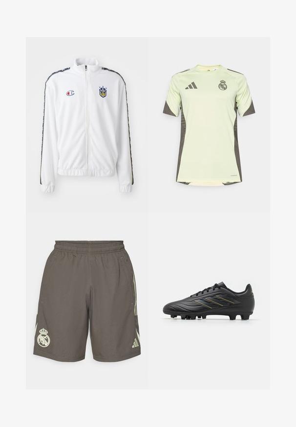 Jachetă albă cu fermoar, cu guler înalt, având un logo brodat în albastru și roșu, și dungi negre cu model pe mâneci. Textură netedă.; Tricou scurt cu mânecă, de culoare verde deschis, cu accente gri închis, având logo-ul echipei pe piept, realizat dintr-un material respirabil cu tehnologie de eliminare a umezelii.; Shorts sportive gri, cu talie elastică, dungi laterale verzi deschise și un logo alb al echipei Real Madrid pe tivul stâng.; Ciorap de fotbal negru, fabricat din material sintetic, cu un design curbat, suprafață texturată, accente negre și aurii și cu un sistem de crampoane modelate.