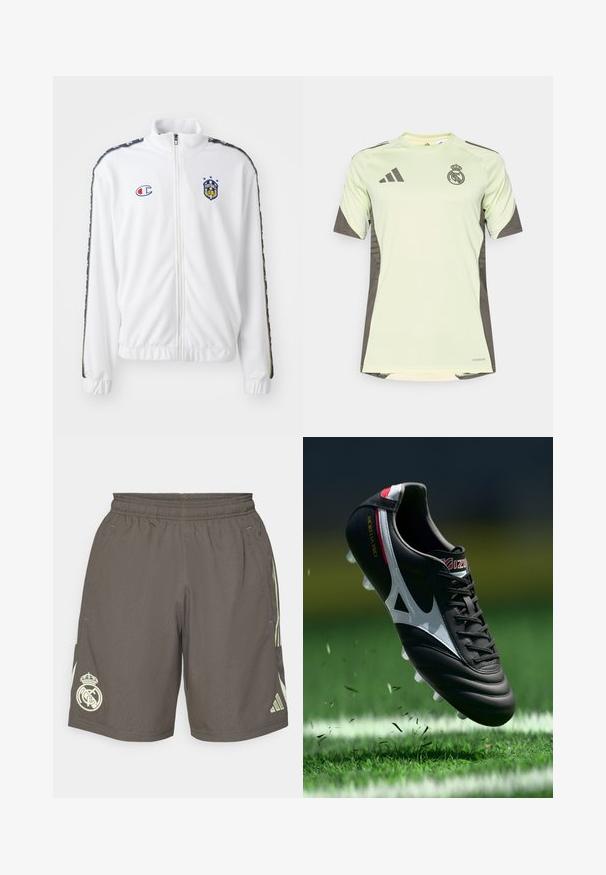 White zip-up jacket with stand collar, featuring blue and red embroidered logo, and patterned black side stripes on sleeves. Smooth texture.; Light green short-sleeve jersey with dark gray accents, featuring team logo on the chest, made from breathable material with moisture-wicking technology.; Gray athletic shorts with an elastic waistband, light green side stripes, and a white Real Madrid logo on the left hem.; Black soccer cleat with white accents, leather upper, raised laces, and six clear studs, hovering above green grass with scattered debris.