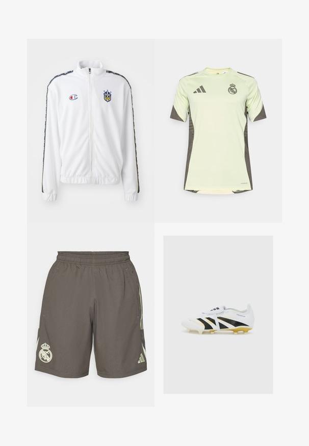 Witte zip-up jas met opstaande kraag, voorzien van een blauw en rood geborduurd logo, en gestreepte zwarte patronen op de mouwen. Glad textuur.; Lichtgroen t-shirt met korte mouwen en donkergrijze accenten, voorzien van het teamlogo op de borst, gemaakt van ademend materiaal met vochtafvoerende technologie.; Grijze sportshorts met een elastische tailleband, lichtgroene zijstrepen en een wit Real Madrid-logo op de linkerpunt.; Witte voetbalschoenen met zwarte en gouden accenten, voorzien van drie zwarte strepen, een gestructureerde bovenkant en gevormde noppen voor grip.