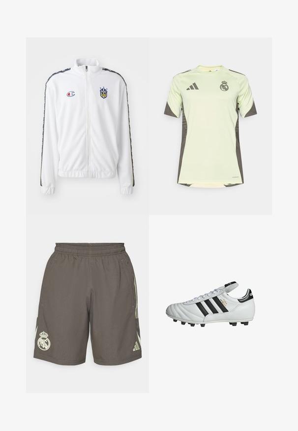 Jachetă albă cu fermoar, cu guler înalt, având un logo brodat în albastru și roșu, și dungi negre cu model pe mâneci. Textură netedă.; Tricou scurt cu mânecă, de culoare verde deschis, cu accente gri închis, având logo-ul echipei pe piept, realizat dintr-un material respirabil cu tehnologie de eliminare a umezelii.; Shorts sportive gri, cu talie elastică, dungi laterale verzi deschise și un logo alb al echipei Real Madrid pe tivul stâng.; adidas Performance COPA MUNDIAL FOOTBALL BOOTS FIRM GROUND - Ghete de fotbal pentru teren tare - cloud white core black gold metallic
