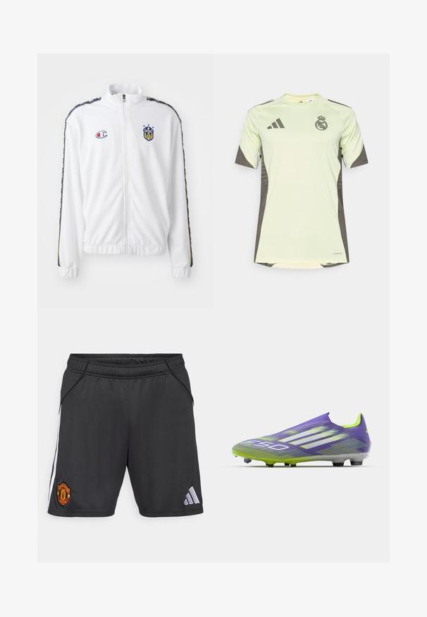 Baltas užtrauktuku užsegamas džemperis su stovinčia apykakle, su mėlynu ir raudonu siuvinėjimu, taip pat su raštuotomis juodomis šoninėmis juostelėmis ant rankovių. Lygus paviršius.; Šviesiai žalia trumpomis rankovėmis marškinėliai su tamsiai pilkomis detalėmis, su komandos logotipu ant krūtinės, pagaminti iš pralaidžios medžiagos su drėgmę šalinančia technologija.; Juodi sportiniai šortai, pagaminti iš lygaus audinio, su baltais šonais ir raudona Mančesterio Jungtinio emblema apatinėje kairėje pusėje.; Futbolo batai violetinės ir žalios spalvos, su aerodinaminiu dizainu, tekstūruotu paviršiumi su juostelėmis ir permatomu padu.