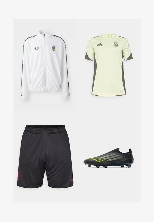 Fehér, állógalléros, cipzáros dzseki, kék és piros hímzett logóval, valamint mintás fekete oldalsávokkal a ujjakon. Simaság jellemzi.; Világos zöld, rövidujjú póló sötétszürke részletekkel, csapatlogóval a mellrészen. Lélegző anyagból készült, nedvességelvezető technológiával.; Fekete sport rövidnadrág, rugalmas derékkal, oldalt piros logóval és sima, könnyű anyagból készült. Zsebek nem láthatók.; adidas Performance F50 ELITE LACELESS FIRM GROUND FOOTBALL BOOTS - Kemény talajra készült futballcipő - core black/iron metallic/lucid lemon