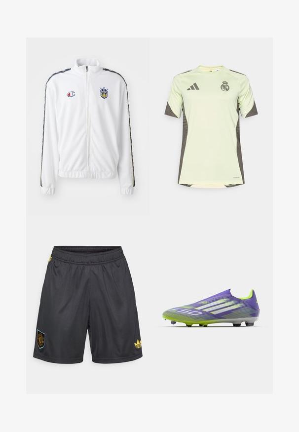 White zip-up jacket with stand collar, featuring blue and red embroidered logo, and patterned black side stripes on sleeves. Smooth texture.; Light green short-sleeve jersey with dark gray accents, featuring team logo on the chest, made from breathable material with moisture-wicking technology.; Black athletic shorts made from lightweight fabric, featuring an elastic waistband, gold accents, and a club logo patch on the left side.; Soccer cleat in purple and green, featuring a streamlined design, textured upper with stripe patterns, and a translucent sole.