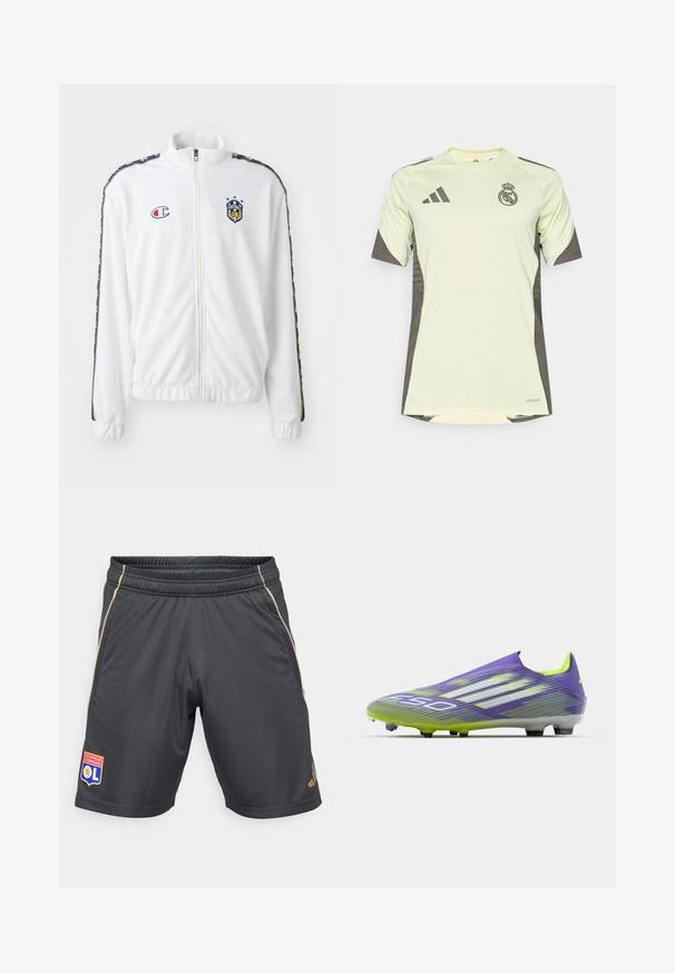 White zip-up jacket with stand collar, featuring blue and red embroidered logo, and patterned black side stripes on sleeves. Smooth texture.; Light green short-sleeve jersey with dark gray accents, featuring team logo on the chest, made from breathable material with moisture-wicking technology.; Gray athletic shorts with an elastic waistband, gold side accents, and a logo patch featuring a lion and text on the left leg.; Soccer cleat in purple and green, featuring a streamlined design, textured upper with stripe patterns, and a translucent sole.