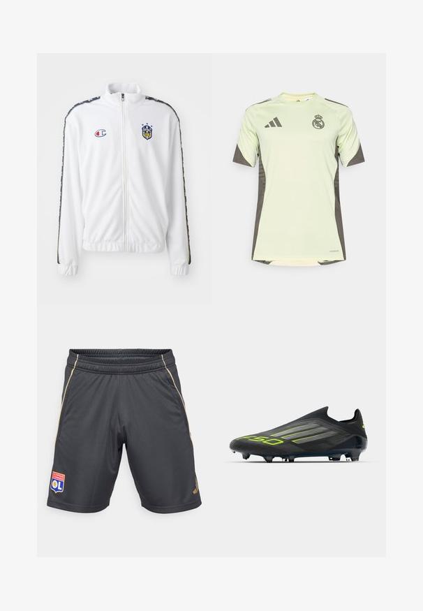 Weißer Reißverschlussjacke mit Stehkragen, mit blauem und rotem gesticktem Logo und gemusterten schwarzen Seitenstreifen an den Ärmeln. Glatte Textur.; Helles grünes Kurzarmtrikot mit dunkelgrauen Akzenten, auf der Brust mit dem Teamlogo, aus atmungsaktivem Material mit feuchtigkeitsableitender Technologie.; Graue Sportshorts mit einem elastischen Bund, goldenen Seitenelementen und einem Logo-Patch mit einem Löwen und Text am linken Bein.; adidas Performance F50 ELITE LACELESS FIRM GROUND FOOTBALL BOOTS - Fußballschuhe für festen Untergrund - core black/iron metallic/lucid lemon
