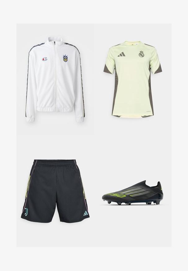Bijela jakna na zatvaranje s visokim ovratnikom, koja sadrži plavi i crveni izvezeni znak, te uzorkovane crne bočne pruge na rukavima. Glatka tekstura.; Svijetlozeleni kratki rukav dres s tamnosivim detaljima, na prsima s timskim logom, izrađen od prozračnog materijala s tehnologijom odvlačenja vlage.; Crne sportske kratke hlače s elastičnom udobnom trakama, s neonskožutom bočnom prugom i tirkiznim logotipom, glatke teksture i standardnog kroja.; adidas Performance F50 ELITE LACELESS FIRM GROUND FOOTBALL BOOTS - Nogometne kopačke za čvrstu podlogu - core black/iron metallic/lucid lemon