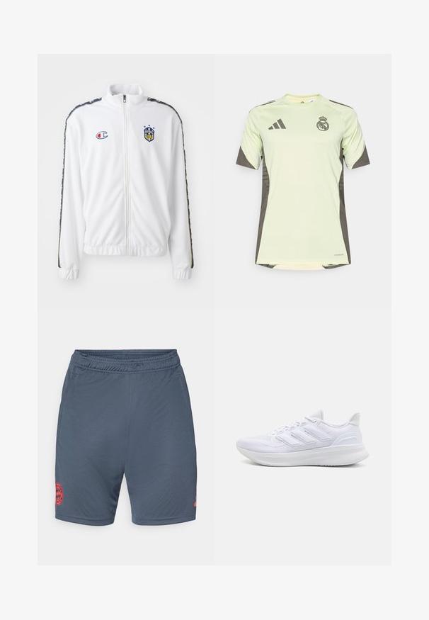 Chaqueta blanca con cremallera y cuello alto, que presenta un logo bordado en azul y rojo, y franjas laterales en negro con un patrón en las mangas. Textura suave.; Jersey de manga corta verde claro con acentos en gris oscuro, con el logo del equipo en el pecho, fabricado con material transpirable y tecnología que absorbe la humedad.; Pantalones cortos de fútbol grises con cintura elástica, que presentan un logo bordado de Bayern Múnich en color rojo en la parte inferior izquierda. Tejido suave y ligero.; Zapatillas deportivas blancas con una parte superior de malla texturizada, suela acolchada y soporte, y un diseño de tres rayas en el lateral.