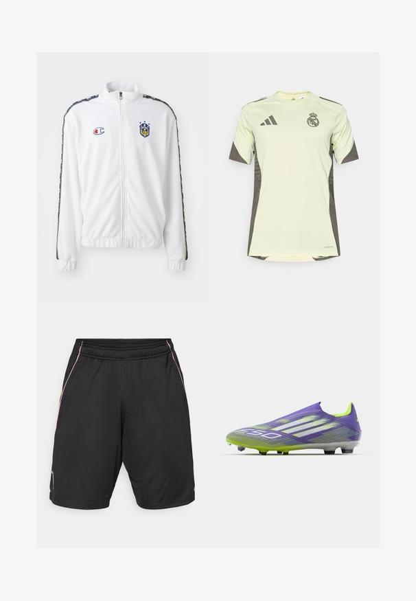 Witte zip-up jas met opstaande kraag, voorzien van een blauw en rood geborduurd logo, en gestreepte zwarte patronen op de mouwen. Glad textuur.; Lichtgroen t-shirt met korte mouwen en donkergrijze accenten, voorzien van het teamlogo op de borst, gemaakt van ademend materiaal met vochtafvoerende technologie.; Zwarte sportieve shorts met een elastische tailleband, voorzien van roze en gele accenten aan de zijkanten en een klein blauw logo op de linkerzoom.; Voetbalschoen in paars en groen, met een gestroomlijnd ontwerp, een gestructureerde bovenkant met streepjespatronen en een doorzichtige zool.