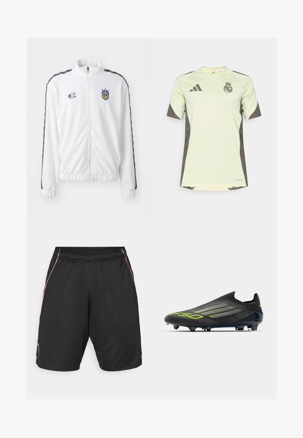 Bílá zipová bunda s stojáčkem, která má modrou a červenou vyšívanou nášivku a vzorované černé boční pruhy na rukávech. Hladká textura.; Světle zelené tričko s krátkým rukávem a tmavě šedými akcenty, s týmovým logem na hrudi, vyrobené z prodyšného materiálu s technologií odvodu vlhkosti.; Černé sportovní šortky s elastickým pasem, s růžovými a žlutými bočními akcenty a malým modrým logem na levém lemu.; adidas Performance F50 ELITE LACELESS FIRM GROUND FOOTBALL BOOTS - Kopačky pro pevný povrch - core black/iron metallic/lucid lemon