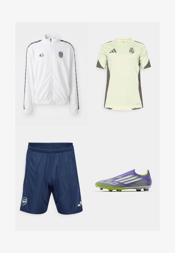 Biała kurtka zapinana na zamek z stójką, z niebieskim i czerwonym haftowanym logo oraz wzorzystymi czarnymi paskami po bokach rękawów. Gładka tekstura.; Jasnozielona koszulka z krótkim rękawem z ciemnoszarymi akcentami, z logo drużyny na piersi, wykonana z oddychającego materiału z technologią odprowadzania wilgoci.; Granatowe spodenki sportowe z elastycznym paskiem w talii, dwiema bocznymi kieszeniami i logo Arsenalu. Wykonane z gładkiego, lekkiego materiału. Srebrne akcenty.; Buty piłkarskie w kolorze fioletowym i zielonym, charakteryzujące się opływowym kształtem, teksturowaną cholewką z paskami oraz przezroczystą podeszwą.