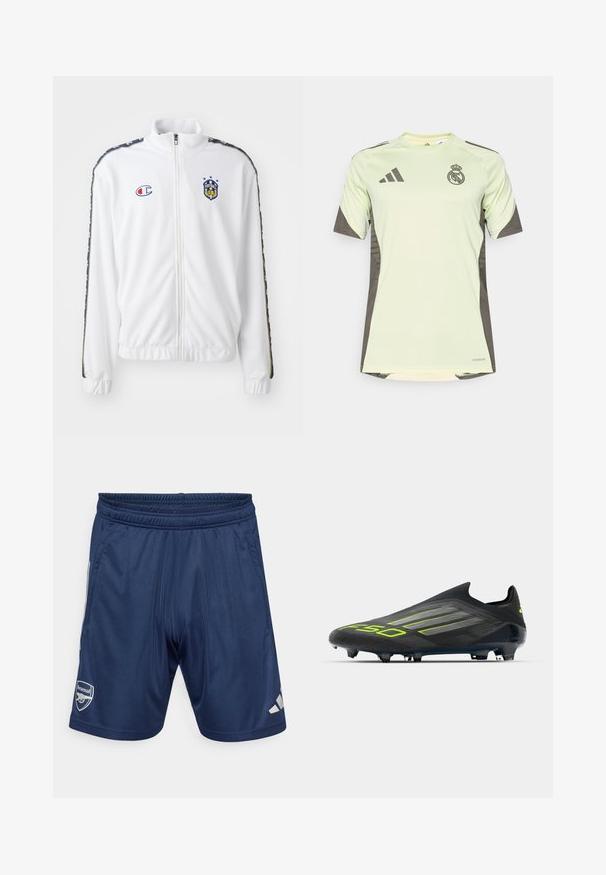 Bílá zipová bunda s stojáčkem, která má modrou a červenou vyšívanou nášivku a vzorované černé boční pruhy na rukávech. Hladká textura.; Světle zelené tričko s krátkým rukávem a tmavě šedými akcenty, s týmovým logem na hrudi, vyrobené z prodyšného materiálu s technologií odvodu vlhkosti.; Námořnické sportovní šortky s elastickým pasem, dvěma postranními kapsami a logem Arsenalu. Vyrobené z hladkého, lehkého materiálu. Stříbrné akcenty.; adidas Performance F50 ELITE LACELESS FIRM GROUND FOOTBALL BOOTS - Kopačky pro pevný povrch - core black/iron metallic/lucid lemon
