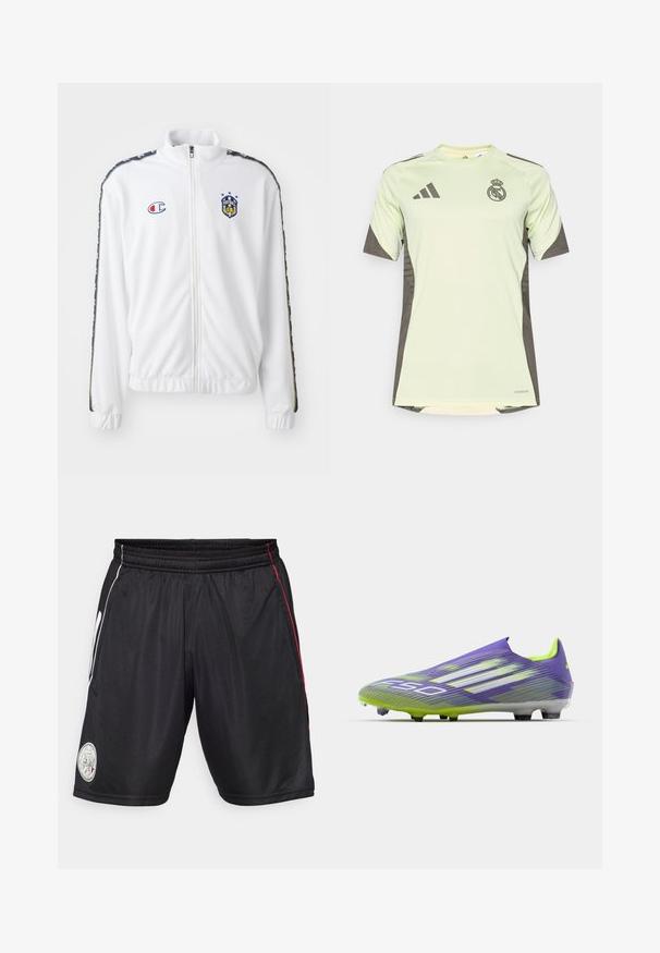 White zip-up jacket with stand collar, featuring blue and red embroidered logo, and patterned black side stripes on sleeves. Smooth texture.; Light green short-sleeve jersey with dark gray accents, featuring team logo on the chest, made from breathable material with moisture-wicking technology.; Black athletic shorts with elastic waistband, white and red side stripes, and circular logo patch on left leg. Smooth, lightweight fabric.; Soccer cleat in purple and green, featuring a streamlined design, textured upper with stripe patterns, and a translucent sole.