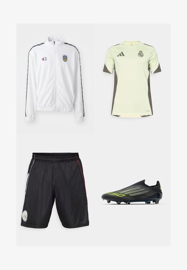 Giacca bianca con zip e colletto alto, caratterizzata da un logo ricamato blu e rosso e strisce laterali nere a motivi sulle maniche. Texture liscia.; Jersey verde chiaro a maniche corte con accenti grigio scuro, con logo della squadra sul petto, realizzato in materiale traspirante con tecnologia di assorbimento dell'umidità.; Pantaloni corti sportivi neri con vita elastica, strisce laterali bianche e rosse e patch circolare con logo sulla gamba sinistra. Tessuto liscio e leggero.; adidas Performance F50 ELITE LACELESS FIRM GROUND FOOTBALL BOOTS - Scarpe da calcio per terreni duri - core black/iron metallic/lucid lemon