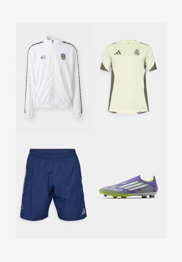 Hvit zip-up jakke med stående krage, med blå og rød brodert logo, og mønstrede svarte sidestreker på ermene. Glatt tekstur.; Lys grøn kortermet jersey med mørkegrå detaljer, prydet med lagets logo på brystet, laget av pustende materiale med fukttransporterende teknologi.; Marineblå trening shorts laget av lett stoff, med elastisk liv, sidelommer og Adidas-logo nederst til høyre.; Fotballsko i lilla og grønn, med et strømlinjeformet design, teksturert overdel med stripe mønstre, og en gjennomsiktig såle.