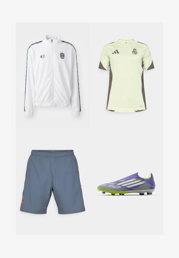 Veste blanche zippée avec col montant, présentant un logo brodé bleu et rouge, et des rayures sur les côtés à motifs noirs sur les manches. Texture lisse.; T-shirt à manches courtes vert clair avec des accents gris foncé, présentant le logo de l'équipe sur la poitrine, fabriqué à partir d'un matériau respirant avec technologie d'évacuation de l'humidité.; Shorts de sport gris avec taille élastique, poches latérales et logo rouge sur la jambe gauche. Tissu léger et lisse avec un éclat subtil.; Chaussure de soccer en violet et vert, avec un design épuré, un dessus texturé avec des motifs en rayures, et une semelle translucide.