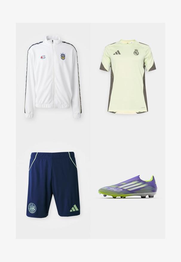 Biała kurtka zapinana na zamek z stójką, z niebieskim i czerwonym haftowanym logo oraz wzorzystymi czarnymi paskami po bokach rękawów. Gładka tekstura.; Jasnozielona koszulka z krótkim rękawem z ciemnoszarymi akcentami, z logo drużyny na piersi, wykonana z oddychającego materiału z technologią odprowadzania wilgoci.; Granatowe szorty sportowe z zielonymi akcentami, elastyczny pas, boczne kieszenie, naszywka z logo oraz trzy paski na dolnej części nogawki.; Buty piłkarskie w kolorze fioletowym i zielonym, charakteryzujące się opływowym kształtem, teksturowaną cholewką z paskami oraz przezroczystą podeszwą.