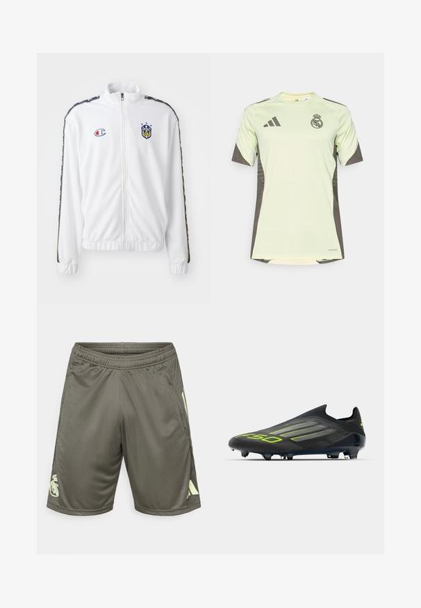 Veste blanche zippée avec col montant, présentant un logo brodé bleu et rouge, et des rayures sur les côtés à motifs noirs sur les manches. Texture lisse.; T-shirt à manches courtes vert clair avec des accents gris foncé, présentant le logo de l'équipe sur la poitrine, fabriqué à partir d'un matériau respirant avec technologie d'évacuation de l'humidité.; Shorts de sport vert foncé en tissu léger, dotés d'une taille élastique, d'ouvertures latérales et d'un logo vert clair en bas à gauche.; adidas Performance F50 ELITE LACELESS FIRM GROUND FOOTBALL BOOTS - Chaussures de football pour terrain sec - core black/iron metallic/lucid lemon