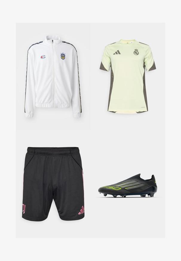 White zip-up jacket with stand collar, featuring blue and red embroidered logo, and patterned black side stripes on sleeves. Smooth texture.; Light green short-sleeve jersey with dark gray accents, featuring team logo on the chest, made from breathable material with moisture-wicking technology.; Black athletic shorts with pink accents, an elastic waistband, side pockets, and Adidas logo. Made of lightweight, smooth fabric.; adidas Performance F50 ELITE LACELESS FIRM GROUND FOOTBALL BOOTS - Firm-ground football boots - core black/iron metallic/lucid lemon