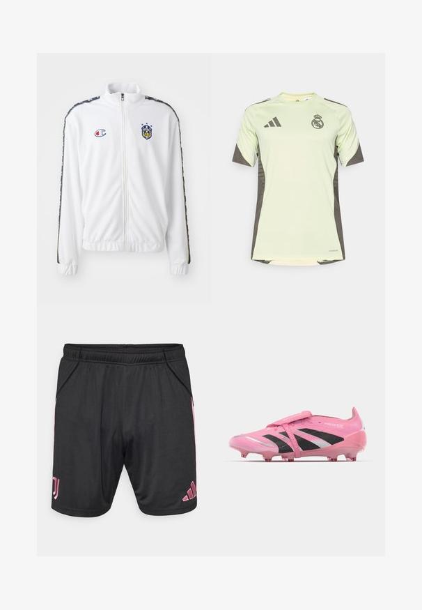 Fehér, állógalléros, cipzáros dzseki, kék és piros hímzett logóval, valamint mintás fekete oldalsávokkal a ujjakon. Simaság jellemzi.; Világos zöld, rövidujjú póló sötétszürke részletekkel, csapatlogóval a mellrészen. Lélegző anyagból készült, nedvességelvezető technológiával.; Fekete sportnadrág rózsaszín részletekkel, elasztikus derékrésszel, oldalsó zsebekkel és Adidas logóval. Könnyű, sima anyagból készült.; Rózsaszín foci cipők fekete és fehér csíkokkal, puha szintetikus felsőrésszel, lekerekített orral és formázott stoplis talppal a tapadás érdekében.