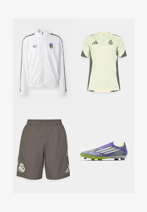 Baltas užtrauktuku užsegamas džemperis su stovinčia apykakle, su mėlynu ir raudonu siuvinėjimu, taip pat su raštuotomis juodomis šoninėmis juostelėmis ant rankovių. Lygus paviršius.; Šviesiai žalia trumpomis rankovėmis marškinėliai su tamsiai pilkomis detalėmis, su komandos logotipu ant krūtinės, pagaminti iš pralaidžios medžiagos su drėgmę šalinančia technologija.; Pilkos sportinės šortai su elastinga juosta, šviesiai žali šoninės juostos ir baltas „Real Madrid“ logotipas kairėje apatinėje dalyje.; Futbolo batai violetinės ir žalios spalvos, su aerodinaminiu dizainu, tekstūruotu paviršiumi su juostelėmis ir permatomu padu.
