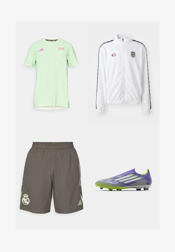 Biely zipsový kabát s stojatým golierom, s modrým a červeným vyšívaným logom a vzorovanými čiernymi bočnými pruhmi na rukávoch. Hladká textúra.; adidas Performance BER25 TEE - Športové tričko - semi green spark; Šedé športové šortky s elastickým pásom, svetlozelenými bočnými pruhmi a bielym logom Real Madrid na ľavom leme.; Futbalová kopačka v púštine a zelenej farbe, so štíhlou konštrukciou, textúrovaným vrchom so vzorom pruhov a priesvitnou podrážkou.