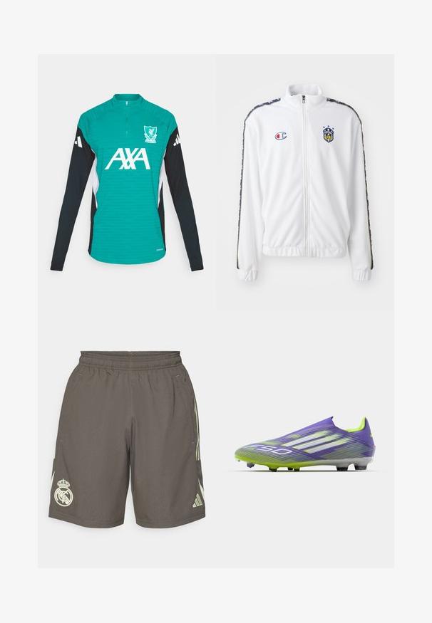 Bela zip-up jakna s stoječim ovratnikom, z modrim in rdečim vezenim logotipom ter vzorčastimi črnimi stranskimi črtami na rokavih. Gladka tekstura.; adidas Performance LIVERPOOL FC 25/26 EUROPEAN PRO TRAINING TOP - Klubska moštva - sea green; Sive atletske kratke hlače z elastičnim pasom, svetlozelenimi stranskimi črtami in belim logotipom Real Madrid na levem robu.; Nogometna kopačka v vijolični in zeleni barvi, s prefinjenim dizajnom, teksturiranim zgornjim delom s črtnimi vzorci in prosojnim podplatom.