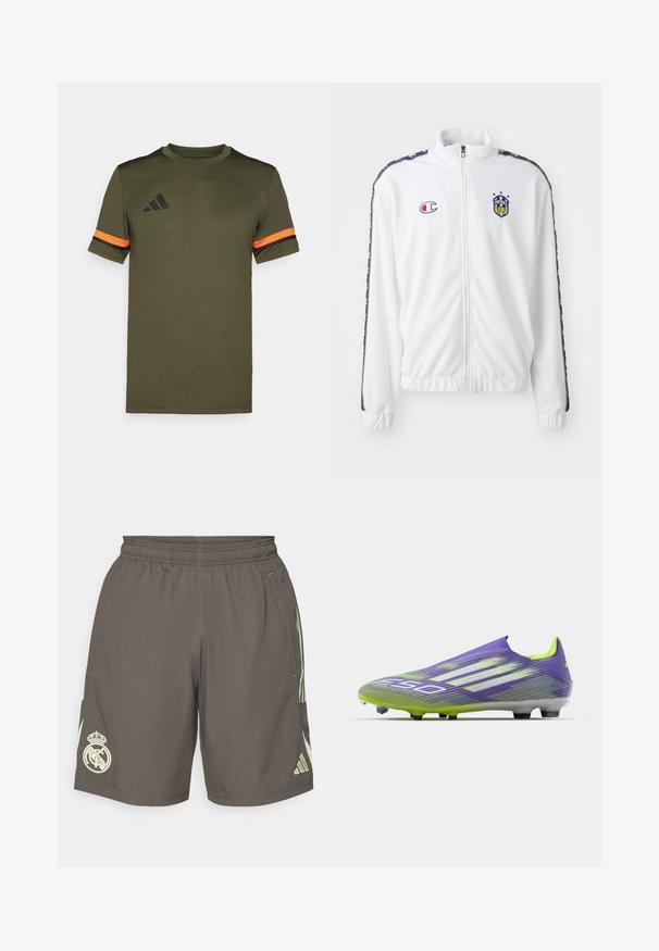 Jaqueta branca com fecho éclair e gola alta, apresentando um logótipo bordado em azul e vermelho, e riscas laterais pretas estampadas nas mangas. Textura suave.; T-shirt de manga curta verde oliva com realces pretos nos ombros e riscas laranja nas mangas. Apresenta o logótipo da adidas em preto na parte da frente.; Calções atléticos cinzentos com um cós elástico, riscas laterais verde claro e um logotipo branco do Real Madrid na bainha esquerda.; Chuteira de futebol em roxo e verde, apresentando um design aerodinâmico, parte superior texturizada com padrões em faixa e uma sola translúcida.