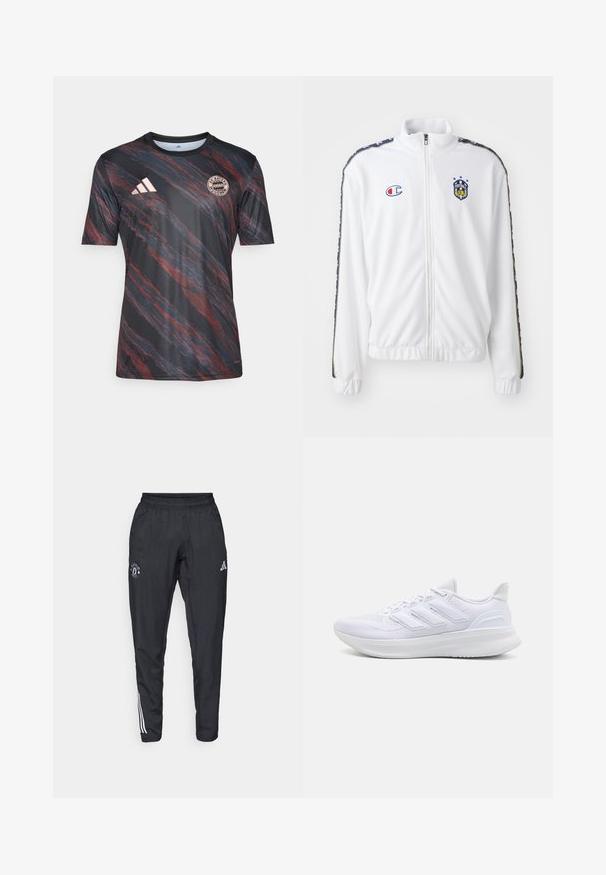 Weißer Reißverschlussjacke mit Stehkragen, mit blauem und rotem gesticktem Logo und gemusterten schwarzen Seitenstreifen an den Ärmeln. Glatte Textur.; Schwarz-rot gestreiftes kurzärmeliges Trikot mit Rundhalsausschnitt, mit dem Adidas-Logo und dem Emblem des FC Bayern München auf der Brust.; Schwarze Sporthose mit elastischem Bund, gesticktem Logo auf dem Oberschenkel und weißen Streifen an den Seiten.; Weiße Sportschuhe mit einem strukturierten Mesh-Obermaterial, einer stützenden gepolsterten Sohle und einem drei Streifen-Design an der Seite.