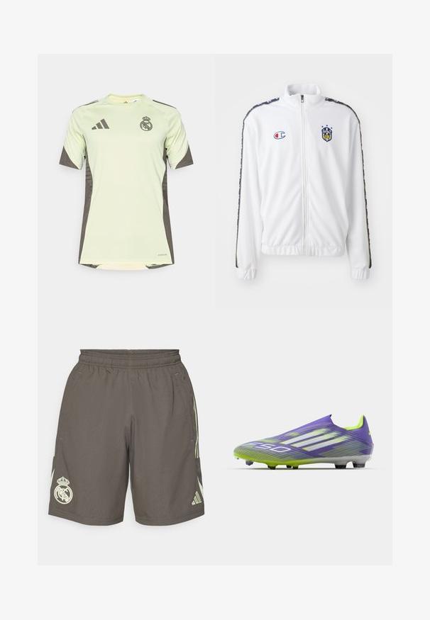 Vit zip-up jacka med ståkrage, utrustad med blå och röd broderad logotyp, samt mönstrade svarta sidosträck på ärmarna. Slät textur.; Ljusgrön kortärmad tröja med mörkgrå detaljer, med lagets logotyp på bröstet, gjord av ett andningsbart material med fukttransporterande teknologi.; Grå idrottsshorts med elastisk midja, ljusgröna sidostråk och en vit Real Madrid-logga på vänster fåll.; Fotbollssko i lila och grön, med en strömlinjeformad design, texturerad överdel med stripmönster och en genomskinlig sula.