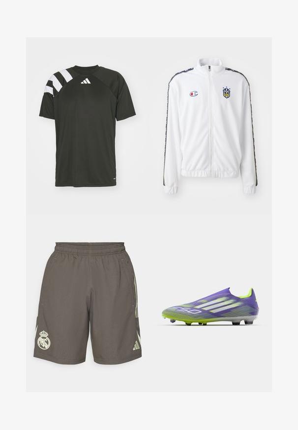Bijela jakna na zatvaranje s visokim ovratnikom, koja sadrži plavi i crveni izvezeni znak, te uzorkovane crne bočne pruge na rukavima. Glatka tekstura.; Crna atletska majica s bijelim prugastim naglascima na ramenima. Ima okrugli izrez i mali logo na prsima. Izrađena je od lagane tkanine.; Sive sportske kratke hlače s elastičnim pojasom, svijetlozeleni bočni pruge i bijeli logo Real Madrida na lijevom rubu.; Nogometna kopačka u ljubičastoj i zelenoj boji, s aerodinamičnim dizajnom, teksturiranim gornjim dijelom sa uzorkom pruga i prozirnom potplatom.