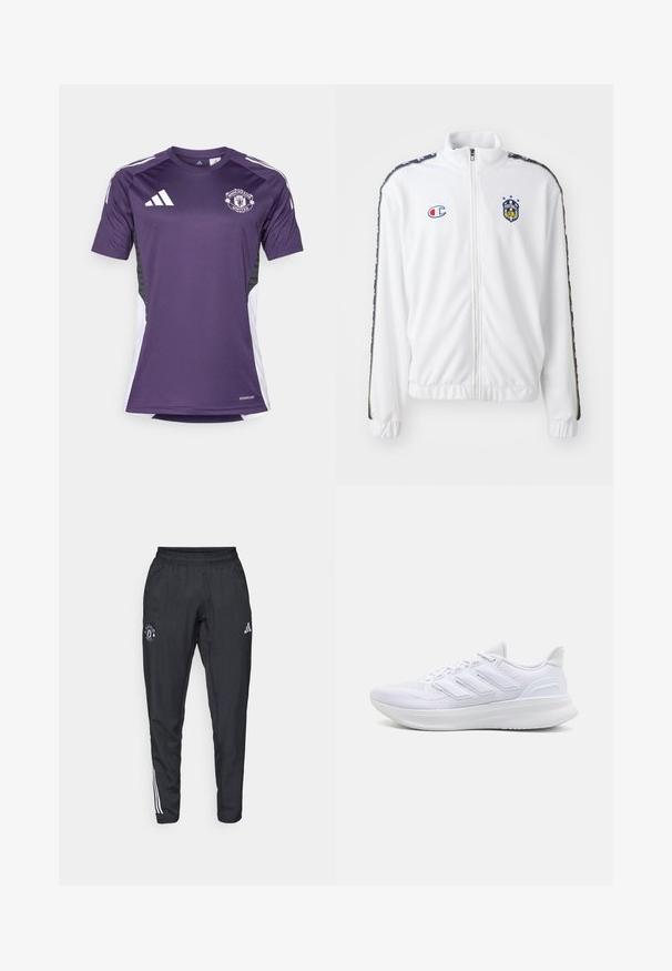 White zip-up jacket with stand collar, featuring blue and red embroidered logo, and patterned black side stripes on sleeves. Smooth texture.; Purple Manchester United jersey featuring short sleeves, Adidas logo, and white side panel accents. Made from moisture-wicking material.; Black athletic pants featuring an elastic waistband, embroidered logo on the thigh, and white stripes running down the sides.; White athletic shoes featuring a textured mesh upper, supportive cushioned sole, and three stripe design on the side.