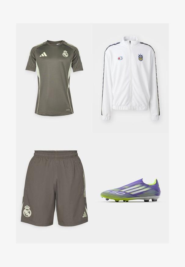 Jachetă albă cu fermoar, cu guler înalt, având un logo brodat în albastru și roșu, și dungi negre cu model pe mâneci. Textură netedă.; Tricou sportiv de culoare verde închis, cu accente de verde deschis, mâneci scurte, guler rotund și logo-ul Real Madrid pe piept. Fabricat din material care absoarbe umezeala.; Shorts sportive gri, cu talie elastică, dungi laterale verzi deschise și un logo alb al echipei Real Madrid pe tivul stâng.; Crampon de fotbal în purpuriu și verde, cu un design aerodinamic, suprafață texturată cu modele în dungi și o talpă translucidă.