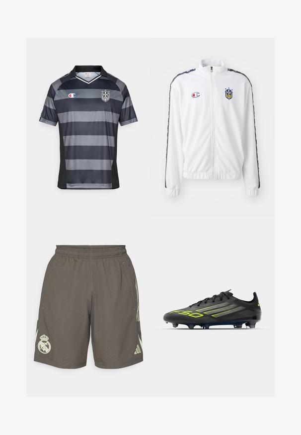 Fehér, állógalléros, cipzáros dzseki, kék és piros hímzett logóval, valamint mintás fekete oldalsávokkal a ujjakon. Simaság jellemzi.; Szürke és fekete csíkos futballmez V-nyakkal, rövid ujjakkal és "Champion" logóval. Klub emblémát tartalmaz csillagokkal.; Szürke sportos rövidnadrág, elasztikus derékkal, világoszöld oldalsávokkal, és fehér Real Madrid logóval a bal alsó szegélyen.; adidas Performance F50 PRO FIRM GROUND FOOTBALL BOOTS - Kemény talajra készült futballcipő - core black/iron metallic/lucid lemon