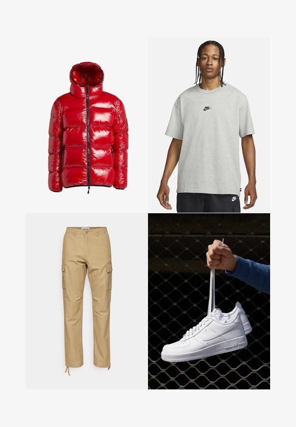 Giacca a vento rossa con una texture lucida, dotata di un collo alto, chiusura con zip a tutta lunghezza e due tasche laterali. Cappuccio incluso con vestibilità aderente.; Giovane con capelli intrecciati che indossa una maglietta Nike grigia chiara e pantaloni Nike neri su uno sfondo bianco semplice.; Pantaloni cargo color khaki con vestibilità dritta, realizzati in cotone. Caratteristiche includono tasche laterali, chiusura con bottone e lacci regolabili alla caviglia.; Sneakers in pelle bianca con perforazioni, punta rotonda, suola piatta e lacci spessi, con logo swoosh visibile e "AIR" sul tallone.