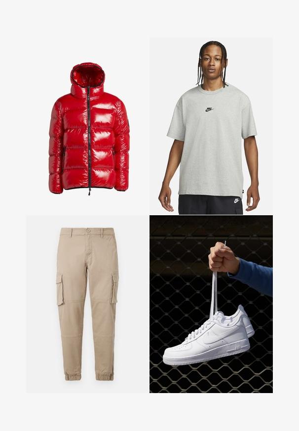 Red puffer jacket with a shiny texture, featuring a high collar, a full zipper, and two side pockets. Hood included with a snug fit.; Young person with braided hair wearing a light gray Nike T-shirt and black Nike shorts against a plain white background.; Beige cargo pants in a lightweight cotton material. Features elastic cuffs, multiple side pockets, and a button closure.; White leather sneakers with perforations, round toe, flat sole, and thick laces, featuring a visible swoosh logo and "AIR" on the heel.