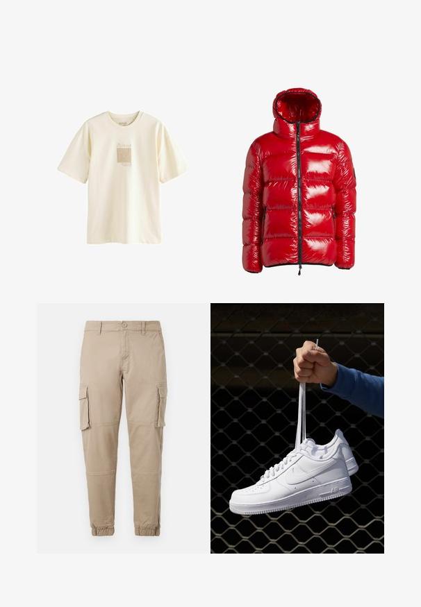 Red puffer jacket with a shiny texture, featuring a high collar, a full zipper, and two side pockets. Hood included with a snug fit.; Cream-colored t-shirt made of soft cotton, featuring a minimalist Picasso-inspired graphic print in a slightly textured design.; Beige cargo pants in a lightweight cotton material. Features elastic cuffs, multiple side pockets, and a button closure.; White leather sneakers with perforations, round toe, flat sole, and thick laces, featuring a visible swoosh logo and "AIR" on the heel.
