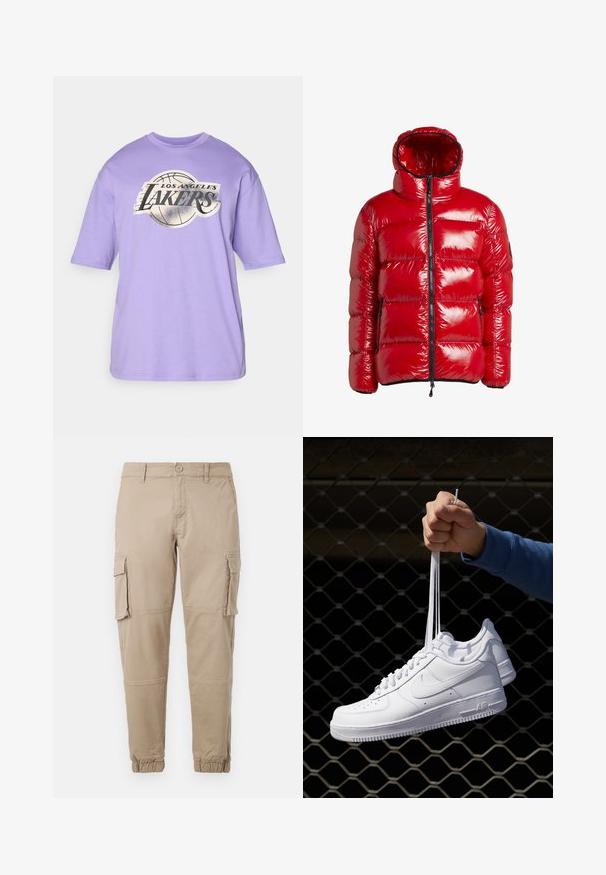 Rød boblejakke med en blank tekstur, som har høy krage, hel glidelås og to sidelommer. Hetten er inkludert og har en tettsittende passform.; Lavendel kortermet t-skjorte med rund hals og et sentralt grafisk motiv som inneholder en basketball og teksten "Los Angeles Lakers" i svart og sølv.; Beige cargo bukser i let bomuldsmateriale. Har elastiske manchetter, flere sidelommer og en knaplukning.; Hvite skinnsneakers med perforeringer, rund tå, flat såle og tykke lisser, med en synlig swoosh-logo og "AIR" på hælen.
