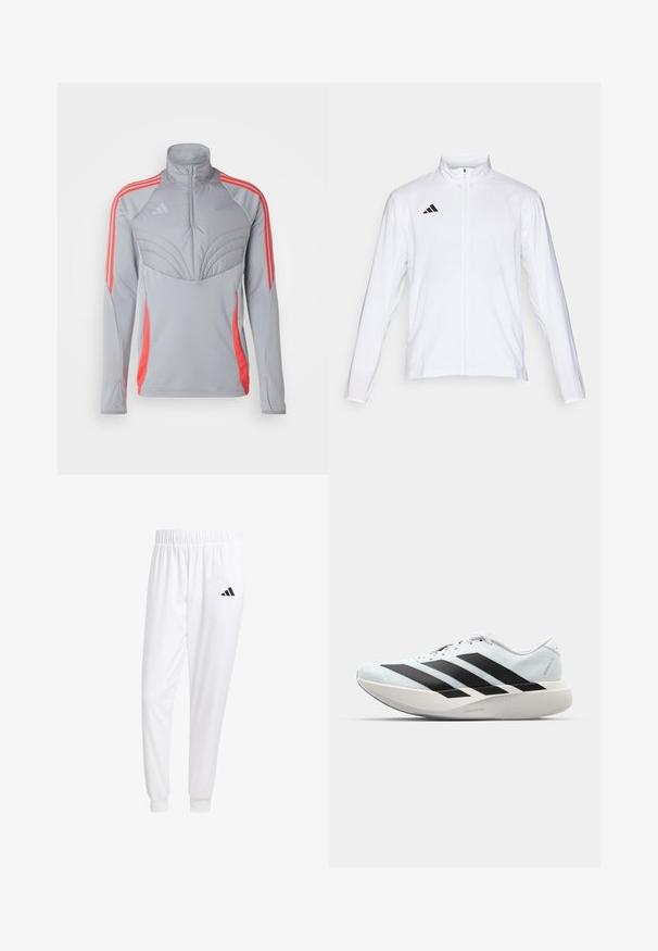 Casaco atlético branco com mangas longas, gola alta e fecho de correr completo. Apresenta o logo preto de três riscas no lado superior esquerdo.; Casaco atlético cinza com colarinho alto, painel texturizado no peito e riscas laranja nos ombros e lados. Material leve.; Calças esportivas brancas feitas de tecido suave, com uma cintura elástica e punhos ajustados, apresentando um logo preto no bolso de trás.; Tênis de corrida leves em azul pálido com riscas pretas. Apresentam um cabedal liso, bico redondo e uma entressola espessa branca rotulada como "LIGHTSTRIKE PRO."