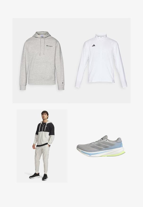 White athletic jacket with long sleeves, high collar, and full-length zipper. Features black three-stripe logo on the upper left side.; Grey hoodie with a drawstring, kangaroo pocket, and embroidered logo on the chest. Cotton blend fabric with ribbed cuffs and hem.; Hooded athletic jacket in black and white with a zip closure; paired with white joggers featuring pockets and elastic cuffs; black sneakers.; Lightweight running shoe in grey mesh with blue and lime green accents. Features a curved sole, textured pattern, and six eyelets for laces.