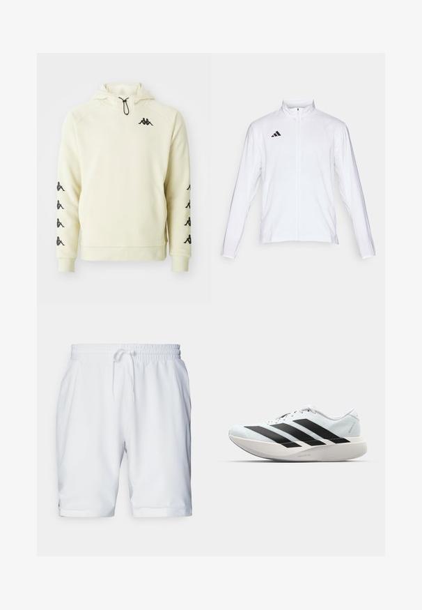 Hvid atletisk jakke med lange ærmer, høj krave og fuld lynlås. Har et sort tre-stripes logo på den øverste venstre side.; Cremefarvet Kappa hættetrøje med frontlomme, sort logo på brystet og flere logoer ned ad begge ærmer, med justerbar snor til hætten.; Hvide sportsshorts med elastisk talje og justerbar snor. Glat stof med en diskret tekstur, der har sidelommer.; Letvægtige løbesko i lys blå med sorte striber. Har en glat overdel, rund tå og tyk hvid mellemsål mærket "LIGHTSTRIKE PRO."