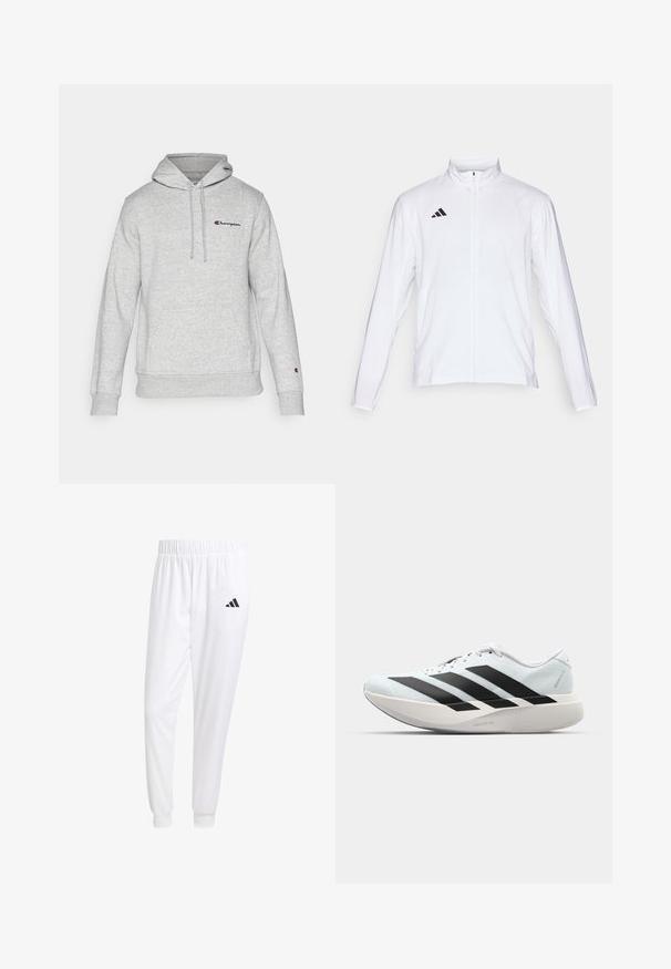 Fehér sportdzseki hosszú ujjal, magas gallérral és teljes hosszúságú cipzárral. A bal felső oldalon fekete háromcsíkos logó található.; Világosszürke kapucnis pulóver, puha anyagból, kenguruzsebbal, húzózsinórral ellátott kapucnival és hímzett Champion logóval a mellkason.; Fehér sportnadrág sima anyagból, rugalmas derékpánttal és szűkített bokákkal, a hátsó zsebében fekete logóval.; Világoskék, fekete csíkos könnyű futószerek. Simább felső résszel, kerek orral és vastag fehér középtalppal, amelyen a "LIGHTSTRIKE PRO" felirat olvasható.