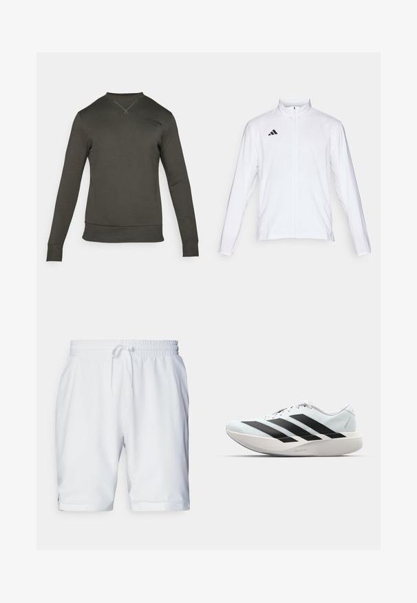 Valkoinen urheilutakki pitkillä hihoilla, korkea kaulus ja vetoketju koko pituudeltaan. Oikeassa yläreunassa musta kolmiraidallinen logo.; Tummanvihreä huppari pitkillä hihoilla, ribbaatuine hihansuihin ja helmaan. Sisältää pyöreän kaula-aukon ja hienovaraisen logo-yksityiskohdan olkapään lähellä.; Valkoiset urheilushortsit, joissa on joustava vyötärö ja säädettävä nauha. Liukas kangas, jossa on hienovarainen rakenne, ja sivutaskut.; Kevyt juoksukengät vaaleansinisinä mustilla raidoilla. Ominaisuuksiin kuuluu sileä pinta, pyöreä kärki ja paksu valkoinen välipohja, joka on merkitty "LIGHTSTRIKE PRO".