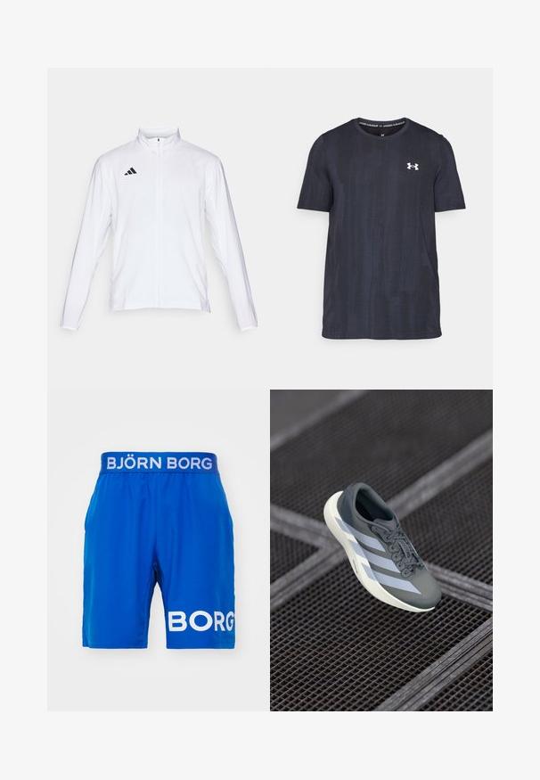 Valge sportlik jakk pikkade varrukatega, kõrge krae ja täispikk lukuga. Omab musta kolme triibu logo vasakul ülal.; Tumedan meres lühikeste varrukatega särk, mis on valmistatud hingavast kangast, millel on tekstureeritud muster ja valge Under Armouri logo rindkere piirkonnas.; Björn Borg SHORTS - Spordišortsid - classic blue; Hallide saapad hallis ja valges, valmistatud sünteetilisest materjalist, voolujoonelise disainiga, tekstuurse viimistlusega ja silmapaistva nöörimise süsteemiga.