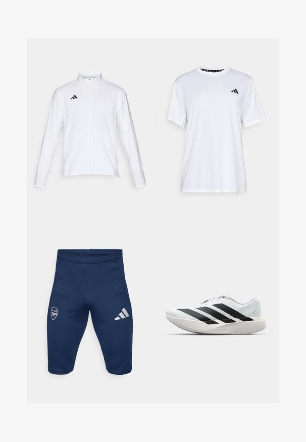 Weiße Sportjacke mit langen Ärmeln, hohem Kragen und durchgehendem Reißverschluss. Mit schwarzem Drei-Streifen-Logo auf der oberen linken Seite.; Weißes sportliches T-Shirt mit kurzen Ärmeln, aus feuchtigkeitsableitendem Material. Mit einem schwarzen Logo auf der linken Brust und einem gemusterten Innenkragen.; Navyblaue Sportshorts aus elastischem Material, mit einem Arsenal-Logo auf dem linken Bein und drei weißen Adidas-Streifen auf dem rechten Bein.; Leichte Laufschuhe in hellblau mit schwarzen Streifen. Sie verfügen über ein glattes Obermaterial, eine runde Zehenpartie und eine dicke weiße Zwischensohle, die mit "LIGHTSTRIKE PRO" beschriftet ist.