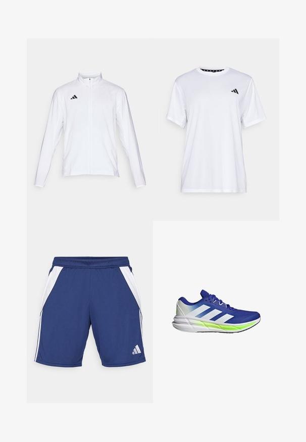 White athletic jacket with long sleeves, high collar, and full-length zipper. Features black three-stripe logo on the upper left side.; White athletic t-shirt with short sleeves, made from moisture-wicking fabric. Features a black logo on the left chest and a patterned interior neckline.; Navy athletic shorts with white side panels, elastic waistband, and logo detail on lower hem. Made from lightweight, breathable fabric.; Blue athletic shoe with white accents, mesh upper, and cushioning sole highlighted by a neon green stripe. Features a curved design.