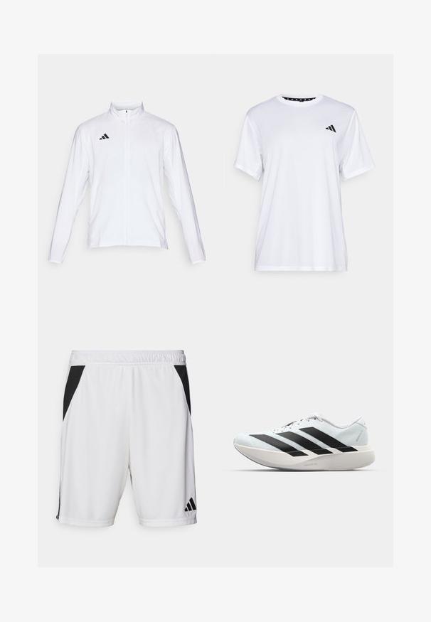 Valkoinen urheilutakki pitkillä hihoilla, korkea kaulus ja vetoketju koko pituudeltaan. Oikeassa yläreunassa musta kolmiraidallinen logo.; Valkoinen urheilupaita lyhyillä hihoilla, valmistettu kosteutta siirtävästä kankaasta. Vasemmassa rinnassa on musta logo ja kauluksen sisäpuolella on kuvio.; Valkoiset urheilushortsit, joissa on musta sivupaneeli, joustava vyötärö ja Adidas-logo oikeassa alalaidassa. Valmistettu kevyestä kankaasta.; Kevyt juoksukengät vaaleansinisinä mustilla raidoilla. Ominaisuuksiin kuuluu sileä pinta, pyöreä kärki ja paksu valkoinen välipohja, joka on merkitty "LIGHTSTRIKE PRO".