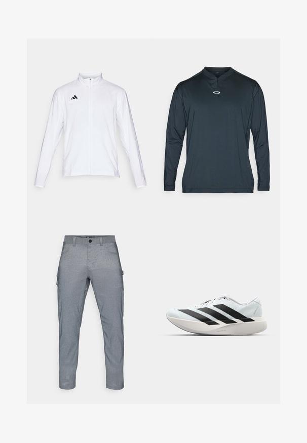 Valge sportlik jakk pikkade varrukatega, kõrge krae ja täispikk lukuga. Omab musta kolme triibu logo vasakul ülal.; Tume sinine pikkade varrukatega spordipolovärk, millel on pooltõmbluku krae, väikese valge logoga rinnal ja sile, kergest kangast materjal.; Hallid, tekstuuriga hallid püksid sirge lõikega, millel on ees nupuga sulgemine, küljetaskud ja täiendav cargo-tasku vasakul jalal.; Kerged jooksujalatsid helesinises värvuses mustade triipudega. Omavad siledat pealispinda, ümarat varvase osa ja paksu valget vahemõõtu, millel on silt "LIGHTSTRIKE PRO".