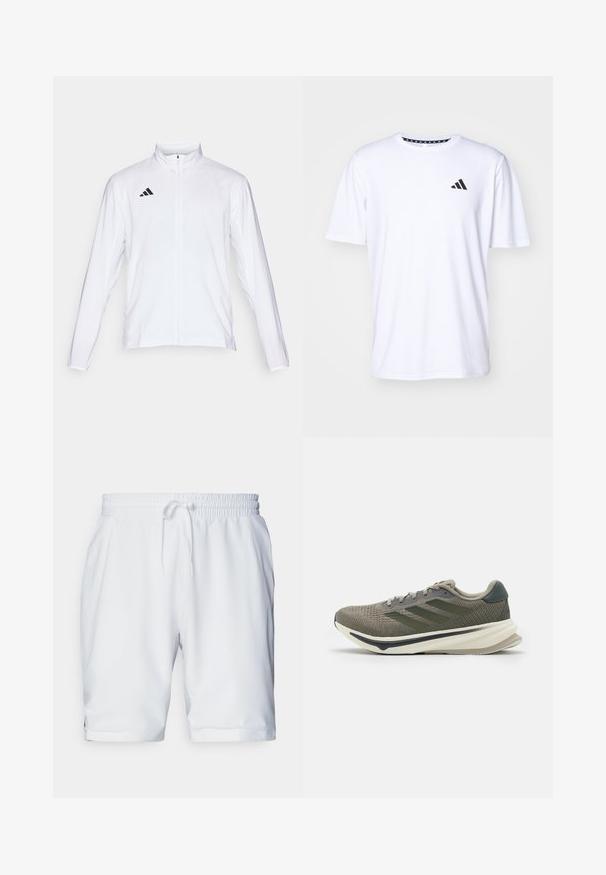 Valge sportlik jakk pikkade varrukatega, kõrge krae ja täispikk lukuga. Omab musta kolme triibu logo vasakul ülal.; Valge lühikeste varrukatega T-särk, mis on valmistatud sileda tekstuuriga kangast. Vasakul rinnal on must adidas logo ja mustriline krae.; Valged sportlikud lühikesed püksid elastse vöökohaga ja reguleeritava paelaga. Sile kangas, millel on peen struktuur, ja küljetaskud.; adidas Performance SUPERNOVA RISE - Maanteejooksu jalatsid - silver pebble/legend ivy/olive strata