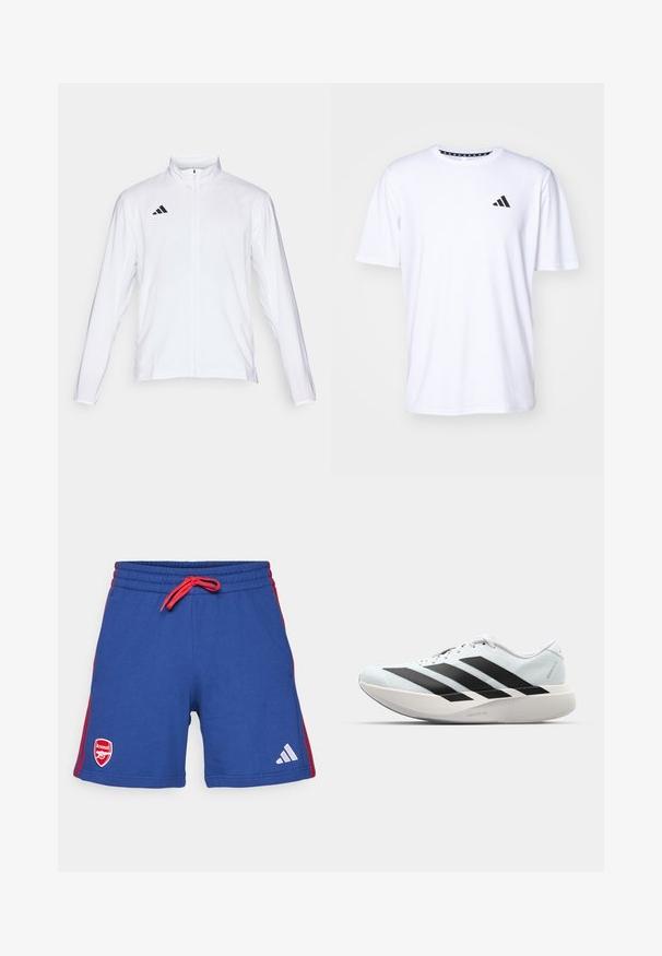 Valge sportlik jakk pikkade varrukatega, kõrge krae ja täispikk lukuga. Omab musta kolme triibu logo vasakul ülal.; Valge lühikeste varrukatega T-särk, mis on valmistatud sileda tekstuuriga kangast. Vasakul rinnal on must adidas logo ja mustriline krae.; Sinised spordilühemikud punase paelaga ja külgedel triipudega. Vasakul jalal on Arsenal'i logo ja paremal Adidas'e logo.; Kerged jooksujalatsid helesinises värvuses mustade triipudega. Omavad siledat pealispinda, ümarat varvase osa ja paksu valget vahemõõtu, millel on silt "LIGHTSTRIKE PRO".