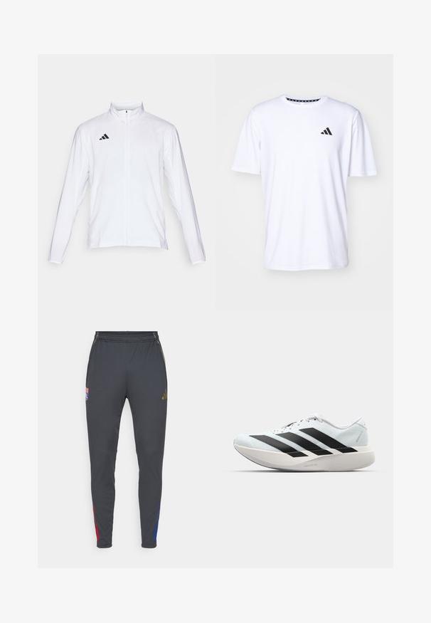 Bílá sportovní bunda s dlouhými rukávy, vysokým límcem a zipem po celé délce. Na horní levé straně je umístěno logo se třemi černými pruhy.; Bílý tričko s krátkým rukávem vyrobené z látky s hladkou texturou. Na levé hrudi se nachází černé logo adidas a vzorovaný límeček.; Šedé sportovní kalhoty s úzkým střihem, s červenými a modrými bočními detaily, elastickým pasem a vyšitým logem na přední části.; Lehké běžecké boty v světle modré barvě s černými pruhy. Mají hladký svršek, kulatou špičku a silnou bílou mezipodešev označenou "LIGHTSTRIKE PRO."
